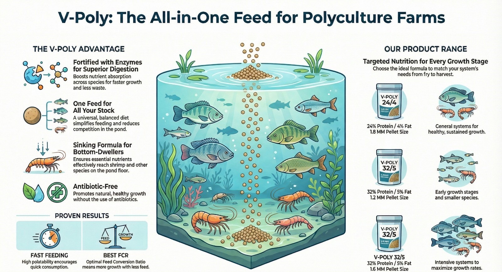 V-POLY sinking pellets for shrimp and fish polyculture